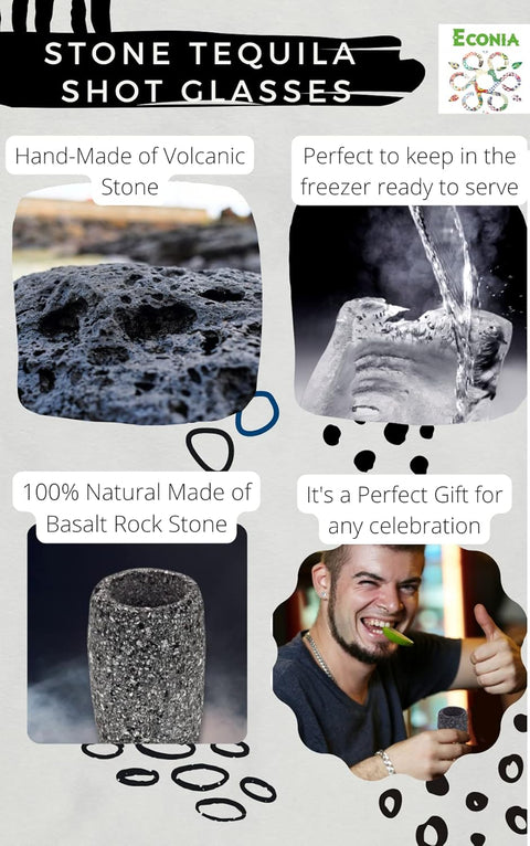 MEXTEQUIL Volcanic Basalt Rock Shot Glasses - Set of 4, 1.5oz, Eco-Friendly
