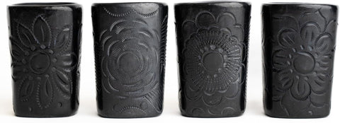 Authentic Handcrafted Barro Negro Square Mezcal Tequila Glasses, Set of Four