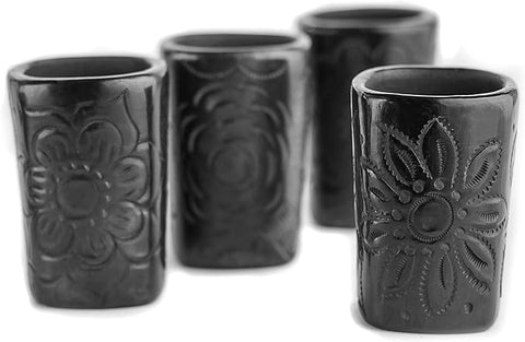 Authentic Handcrafted Barro Negro Square Mezcal Tequila Glasses, Set of Four