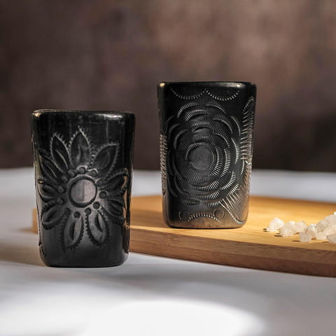 Authentic Handcrafted Barro Negro Square Mezcal Tequila Glasses, Set of Four