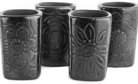Authentic Handcrafted Barro Negro Square Mezcal Tequila Glasses, Set of Four