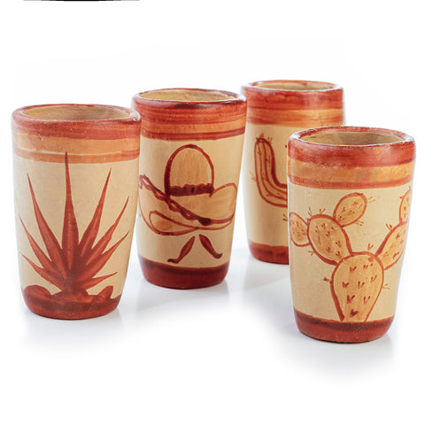 Terracotta Shot Glasses - Set of 4 - 2 Oz (Mexican Icons) - MEXTEQUIL