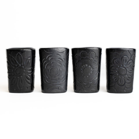 Black Clay Mexican Shot Glasses - Set of 4 - 2 Oz (Square) - MEXTEQUIL: MEXICRAFT IMPORTS LLC