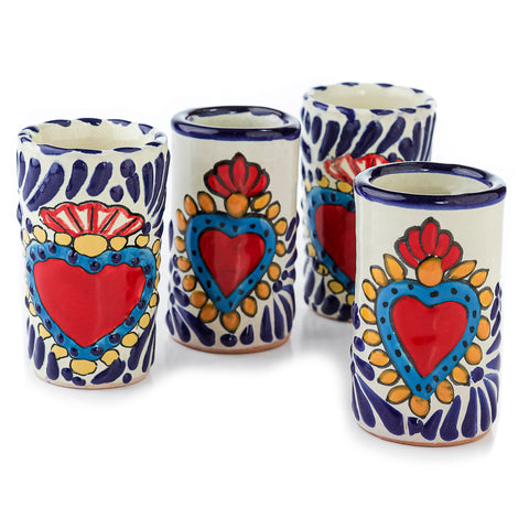 Hand-Painted Talavera Tequila Shot Glasses – Azure Heart | Set of 4 - MEXTEQUIL