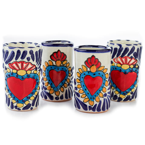 Hand-Painted Talavera Tequila Shot Glasses – Azure Heart | Set of 4 - MEXTEQUIL