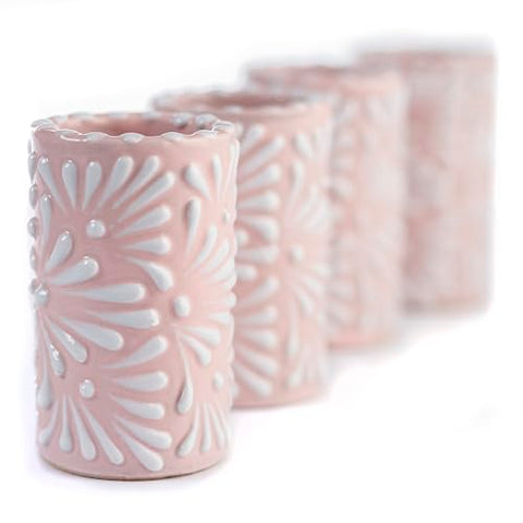 MEXTEQUIL - Talavera Shot Glasses Set of 4 Authentic Mexican Tequila Shot Glasses - Hand-painted - 2 Oz (White Brushstroke Pink Background) - MEXTEQUIL