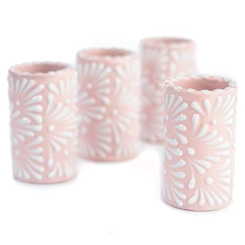 MEXTEQUIL - Talavera Shot Glasses Set of 4 Authentic Mexican Tequila Shot Glasses - Hand-painted - 2 Oz (White Brushstroke Pink Background) - MEXTEQUIL