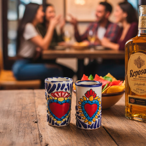 Hand-Painted Talavera Tequila Shot Glasses – Azure Heart | Set of 4 - MEXTEQUIL
