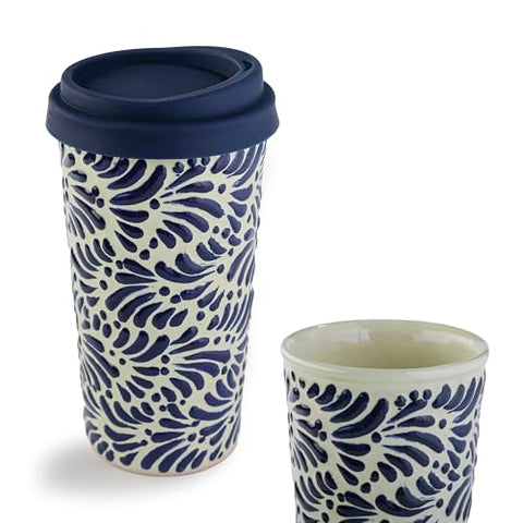 Handcrafted Talavera Ceramic Travel Mug with Silicone Lid – 16 oz | MEXTEQUIL - MEXTEQUIL