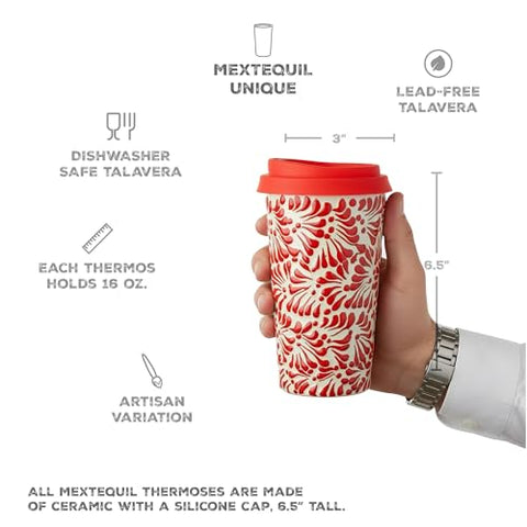 Handcrafted Talavera Ceramic Travel Mug with Silicone Lid – 16 oz | MEXTEQUIL - MEXTEQUIL