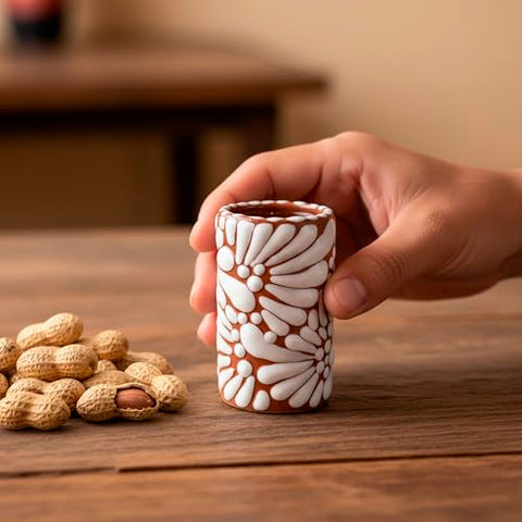 Hand-Painted Talavera Tequila Shot Glasses – White Brushstroke Terracotta | Set of 4 - MEXTEQUIL