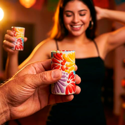 MEXTEQUIL - Talavera Shot Glasses Set of 4 Authentic Mexican Tequila Shot Glasses - Hand-painted - 2 Oz (Multi Petal) - MEXTEQUIL