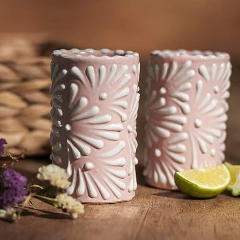 MEXTEQUIL - Talavera Shot Glasses Set of 4 Authentic Mexican Tequila Shot Glasses - Hand-painted - 2 Oz (White Brushstroke Pink Background) - MEXTEQUIL