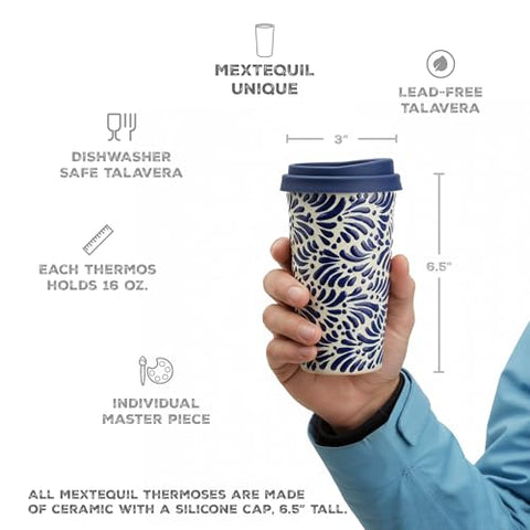 Handcrafted Talavera Ceramic Travel Mug with Silicone Lid – 16 oz | MEXTEQUIL - MEXTEQUIL