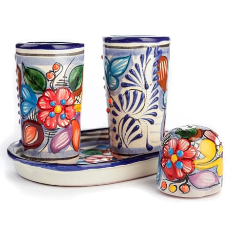 MEXTEQUIL Talavera Tequila Shot Glasses with Tray & Salt Shaker (Set of 2) - Hand-Painted Authentic Mexican Gift Set (Puebla) - MEXTEQUIL