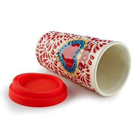 Handcrafted Talavera Ceramic Travel Mug with Silicone Lid – 16 oz | MEXTEQUIL - MEXTEQUIL