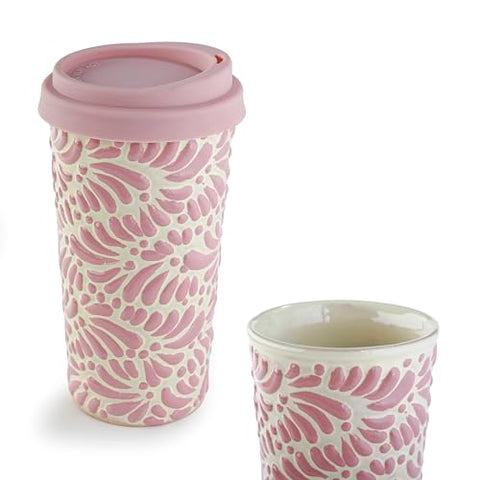 Handcrafted Talavera Ceramic Travel Mug with Silicone Lid – 16 oz | MEXTEQUIL - MEXTEQUIL