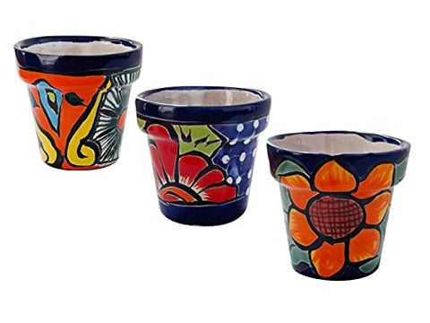 Talavera Hand-Painted Pottery Planters - Set of 3 (Flowers 3.1") - MEXTEQUIL: MEXICRAFT IMPORTS LLC