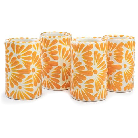 Hand-Painted Talavera Tequila Shot Glasses – Yellow Floral Jalón | Set of 4 - MEXTEQUIL