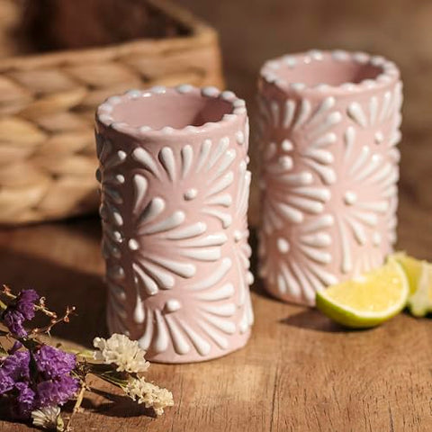 MEXTEQUIL - Talavera Shot Glasses Set of 4 Authentic Mexican Tequila Shot Glasses - Hand-painted - 2 Oz (White Brushstroke Pink Background) - MEXTEQUIL