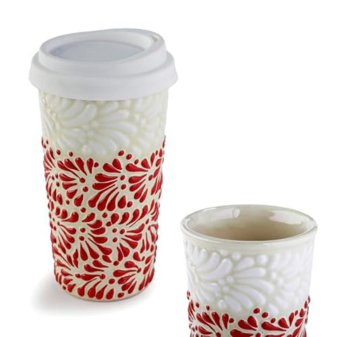 Handcrafted Talavera Ceramic Travel Mug with Silicone Lid – 16 oz | MEXTEQUIL - MEXTEQUIL