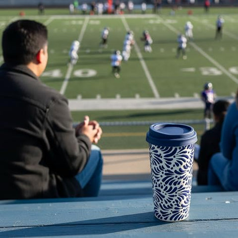 Handcrafted Talavera Ceramic Travel Mug with Silicone Lid – 16 oz | MEXTEQUIL - MEXTEQUIL