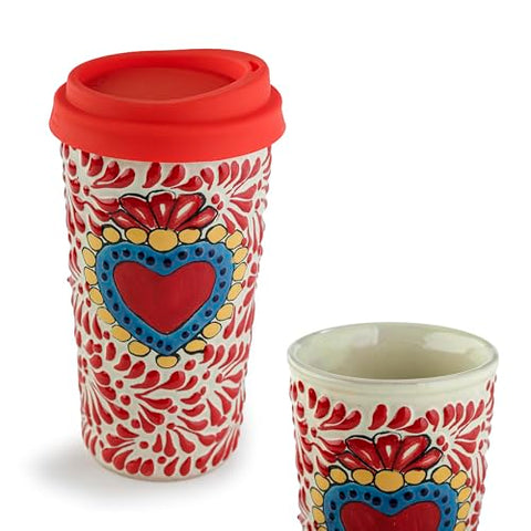 Handcrafted Talavera Ceramic Travel Mug with Silicone Lid – 16 oz | MEXTEQUIL - MEXTEQUIL