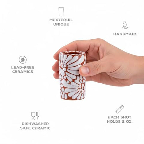 Hand-Painted Talavera Tequila Shot Glasses – White Brushstroke Terracotta | Set of 4 - MEXTEQUIL