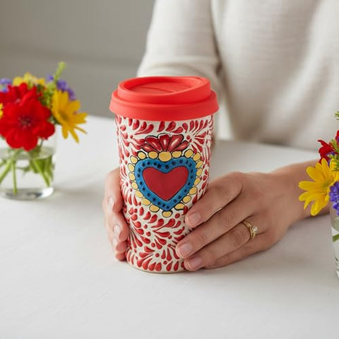 Handcrafted Talavera Ceramic Travel Mug with Silicone Lid – 16 oz | MEXTEQUIL - MEXTEQUIL