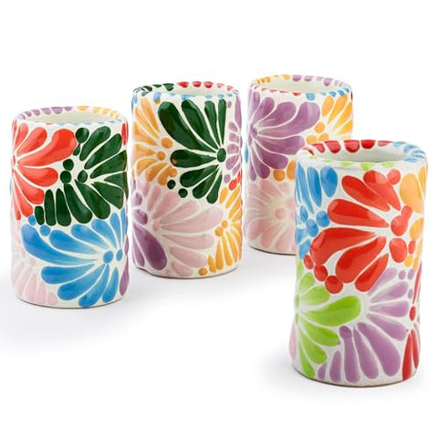 MEXTEQUIL - Talavera Shot Glasses Set of 4 Authentic Mexican Tequila Shot Glasses - Hand-painted - 2 Oz (Multi Petal) - MEXTEQUIL