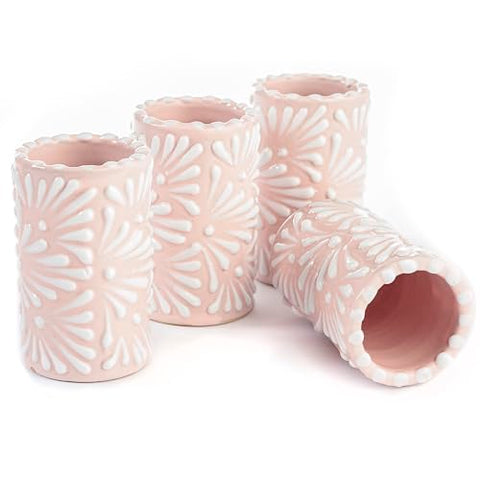 MEXTEQUIL - Talavera Shot Glasses Set of 4 Authentic Mexican Tequila Shot Glasses - Hand-painted - 2 Oz (White Brushstroke Pink Background) - MEXTEQUIL