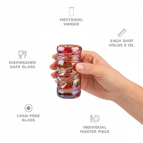 MEXTEQUIL Specialty Mexican Tequila Glasses, Hand-Blown with Unique Color & Texture Set of 4 pieces (Red Diamond) - MEXTEQUIL