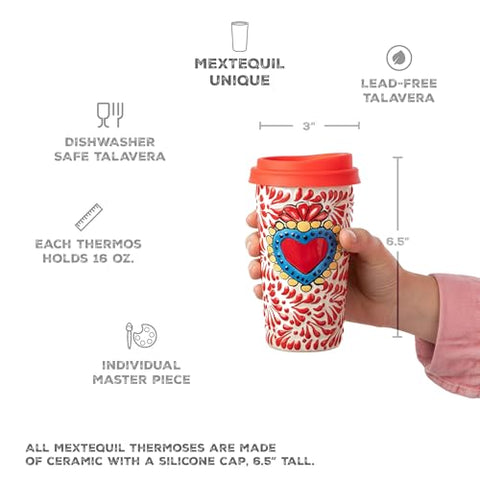 Handcrafted Talavera Ceramic Travel Mug with Silicone Lid – 16 oz | MEXTEQUIL - MEXTEQUIL