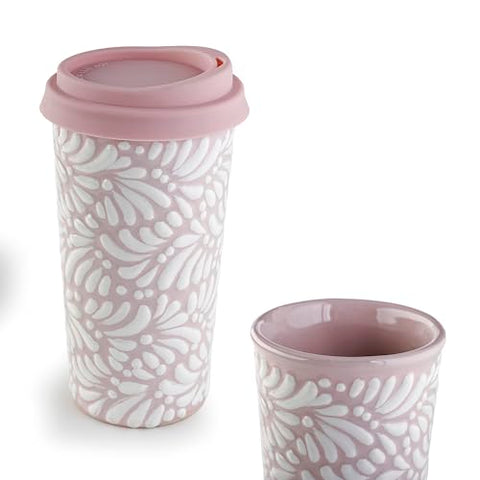 Handcrafted Talavera Ceramic Travel Mug with Silicone Lid – 16 oz | MEXTEQUIL - MEXTEQUIL