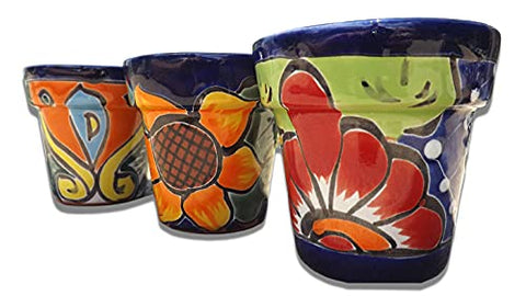 Talavera Hand-Painted Pottery Planters - Set of 3 (Flowers 3.1") - MEXTEQUIL: MEXICRAFT IMPORTS LLC