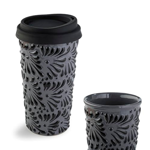 Handcrafted Talavera Ceramic Travel Mug with Silicone Lid – 16 oz | MEXTEQUIL - MEXTEQUIL