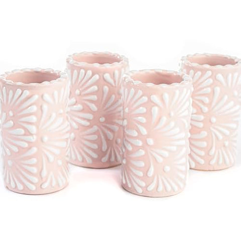 MEXTEQUIL - Talavera Shot Glasses Set of 4 Authentic Mexican Tequila Shot Glasses - Hand-painted - 2 Oz (White Brushstroke Pink Background) - MEXTEQUIL