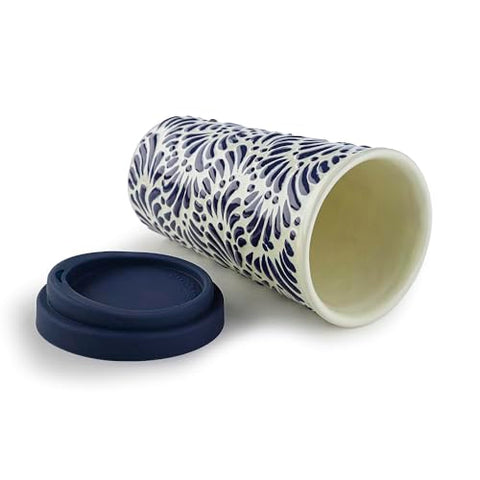 Handcrafted Talavera Ceramic Travel Mug with Silicone Lid – 16 oz | MEXTEQUIL - MEXTEQUIL