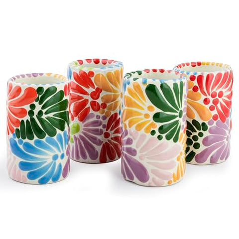 MEXTEQUIL - Talavera Shot Glasses Set of 4 Authentic Mexican Tequila Shot Glasses - Hand-painted - 2 Oz (Multi Petal) - MEXTEQUIL