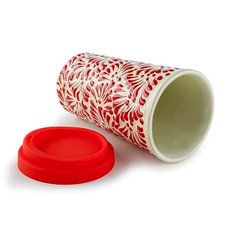 Handcrafted Talavera Ceramic Travel Mug with Silicone Lid – 16 oz | MEXTEQUIL - MEXTEQUIL