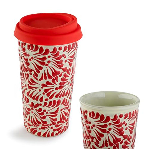 Handcrafted Talavera Ceramic Travel Mug with Silicone Lid – 16 oz | MEXTEQUIL - MEXTEQUIL