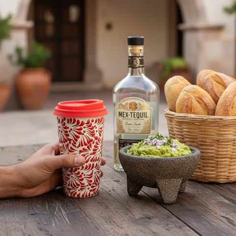 Handcrafted Talavera Ceramic Travel Mug with Silicone Lid – 16 oz | MEXTEQUIL - MEXTEQUIL