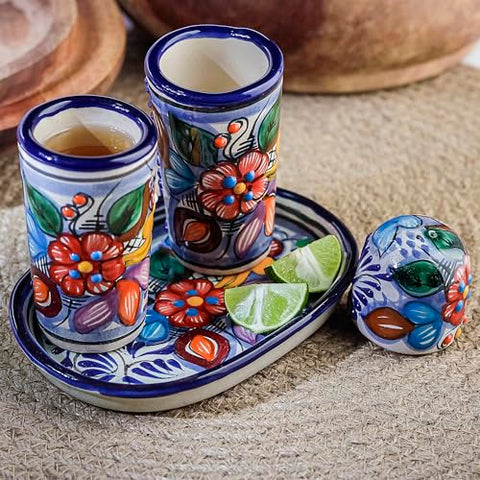 MEXTEQUIL Talavera Tequila Shot Glasses with Tray & Salt Shaker (Set of 2) - Hand-Painted Authentic Mexican Gift Set (Puebla) - MEXTEQUIL