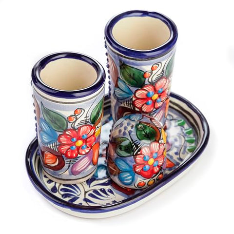 MEXTEQUIL Talavera Tequila Shot Glasses with Tray & Salt Shaker (Set of 2) - Hand-Painted Authentic Mexican Gift Set (Puebla) - MEXTEQUIL