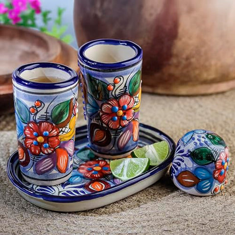 MEXTEQUIL Talavera Tequila Shot Glasses with Tray & Salt Shaker (Set of 2) - Hand-Painted Authentic Mexican Gift Set (Puebla) - MEXTEQUIL