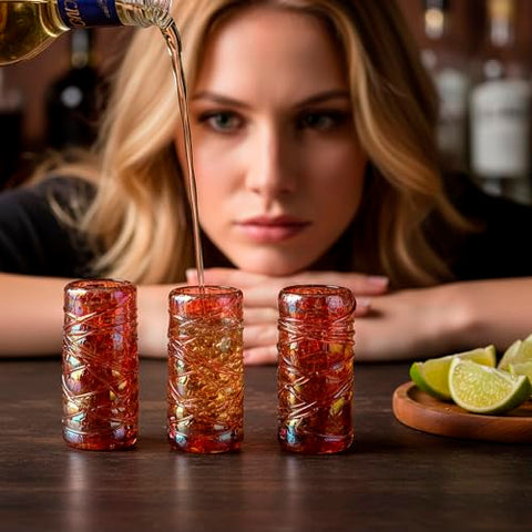 MEXTEQUIL Specialty Mexican Tequila Glasses, Hand-Blown with Unique Color & Texture Set of 4 pieces (Red Diamond) - MEXTEQUIL