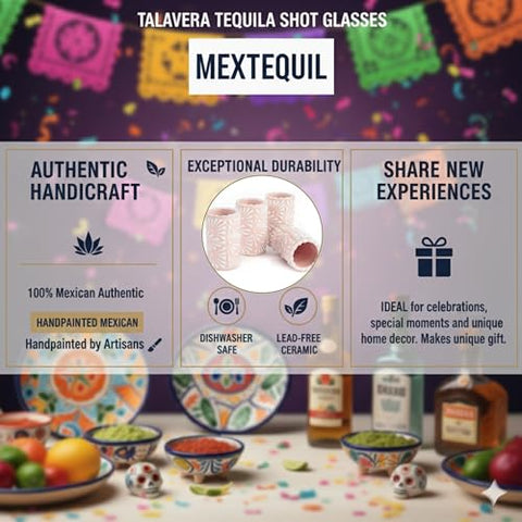 MEXTEQUIL - Talavera Shot Glasses Set of 4 Authentic Mexican Tequila Shot Glasses - Hand-painted - 2 Oz (White Brushstroke Pink Background) - MEXTEQUIL