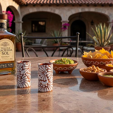 Hand-Painted Talavera Tequila Shot Glasses – White Brushstroke Terracotta | Set of 4 - MEXTEQUIL