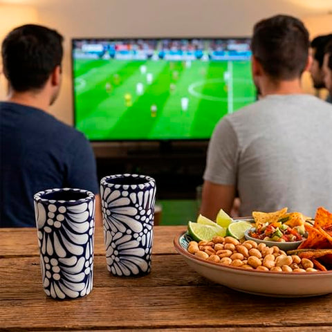 MEXTEQUIL - Talavera Shot Glasses Set of 4 Authentic Mexican Tequila Shot Glasses - Hand-painted - 2 Oz (White & Sea Blue) - MEXTEQUIL