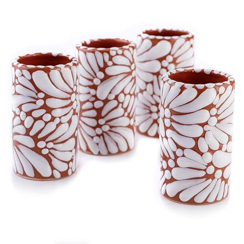 Hand-Painted Talavera Tequila Shot Glasses – White Brushstroke Terracotta | Set of 4 - MEXTEQUIL